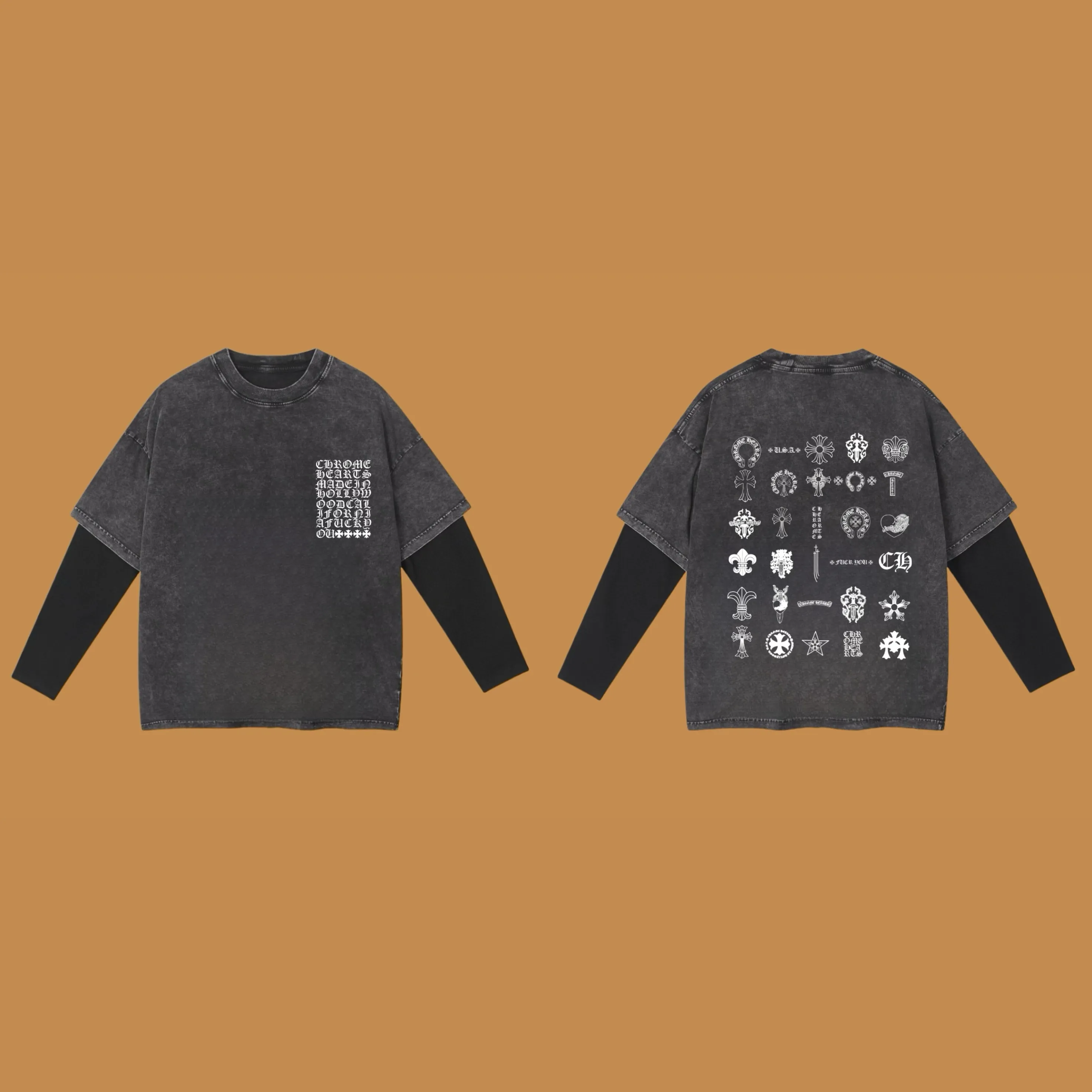 🅿️240 (Cooperation profit) High-end quality Chrome Hearts 2025SS spring and summer wear Fake two-piece washed snowflake series Sanskrit fake two-piece long T-shirt Adopt imported Kornit digital direct printing printing High-quality trendy brand 100% cotton washed 260G fabric dyed ready-made garments dyed ➕washed fried snowflake OS loose off-shoulder version Unisex size: S.M.L.XL.2XL